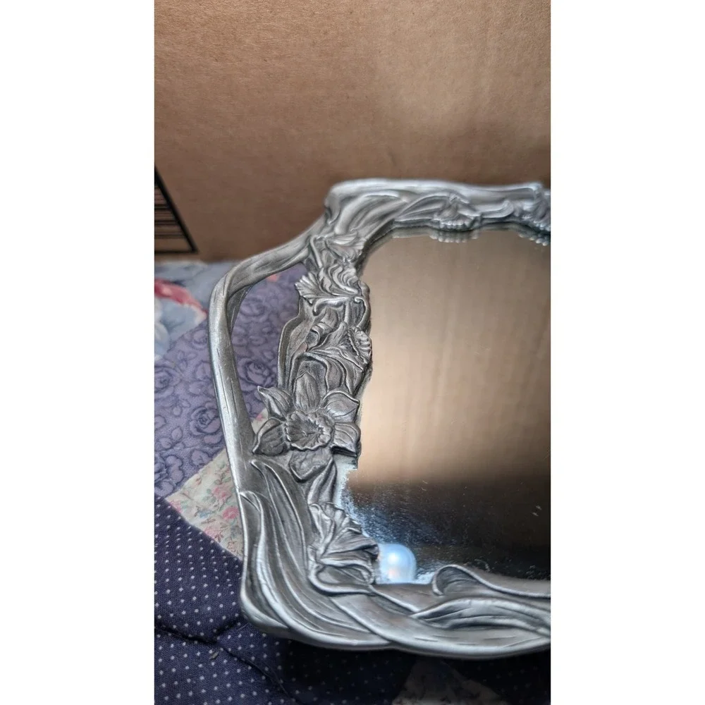 Vintage Mirror Tray Pewter 1988 Seagull Floral Design With Handles